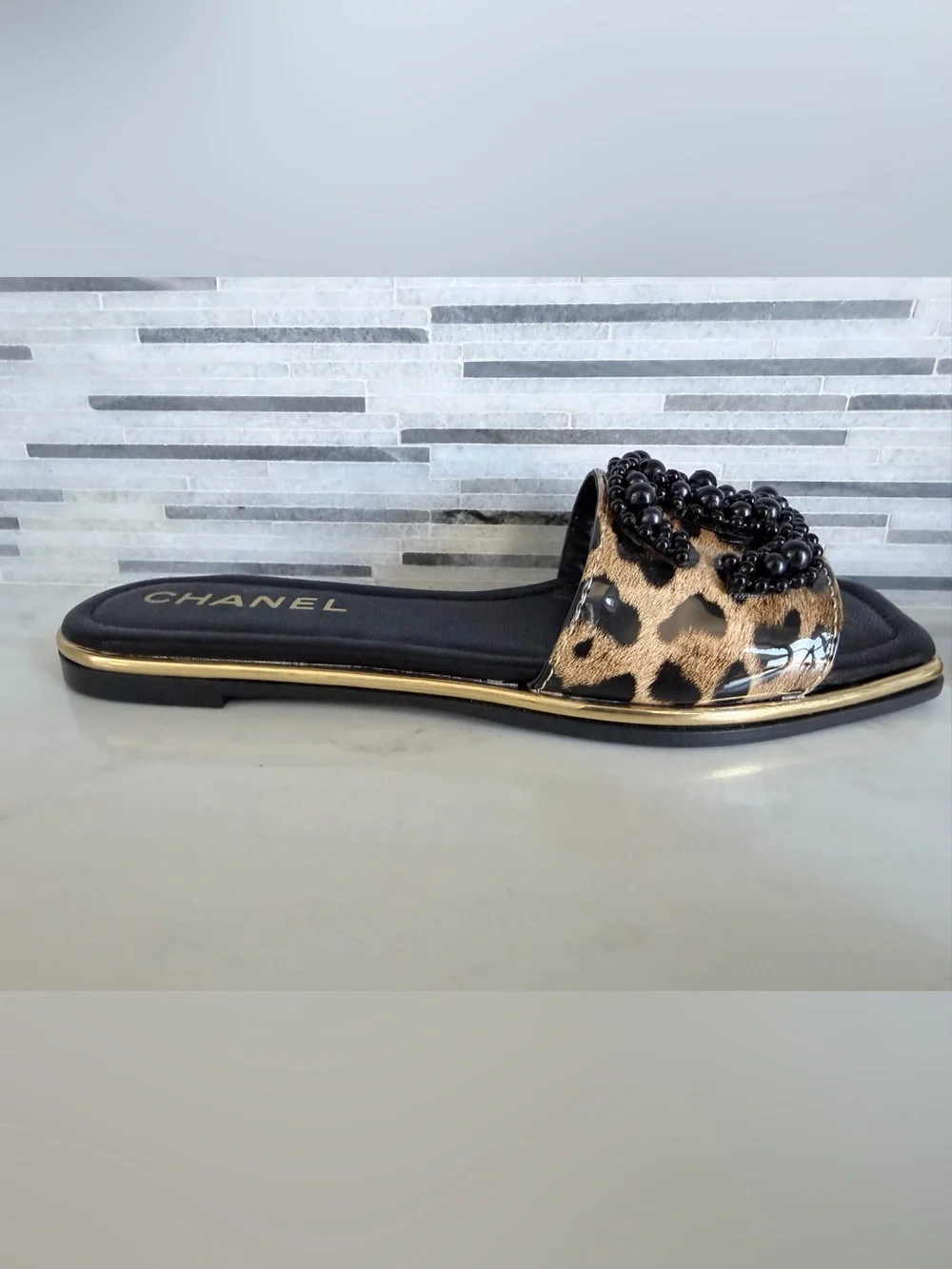 CHANEL Leopard Beaded Slide Mules in Black & Brown size 6